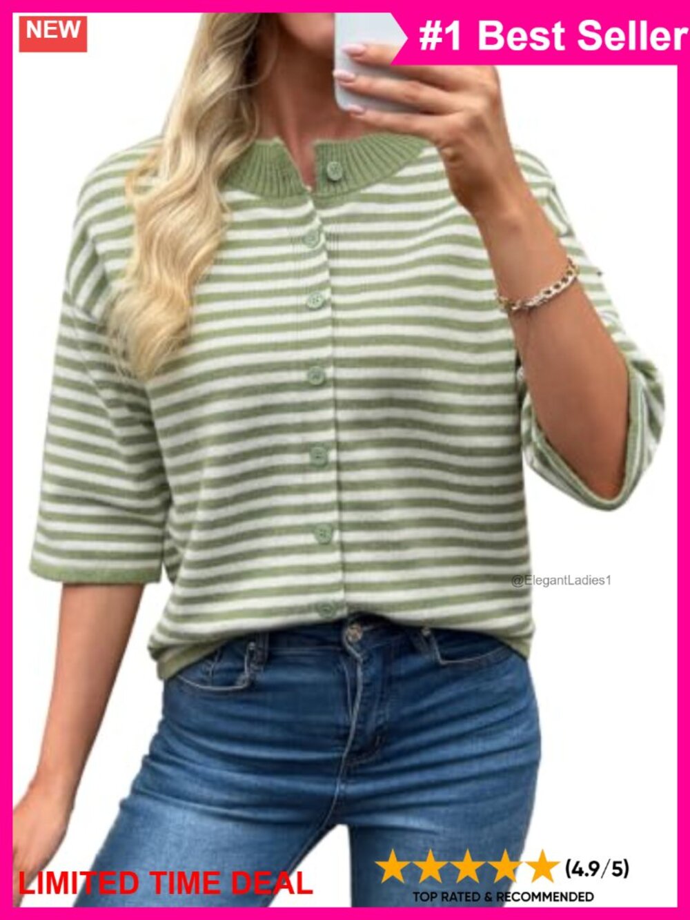 Women's Lightweight Knit Button Cardigan 3/4 Sleeve Loose Fit